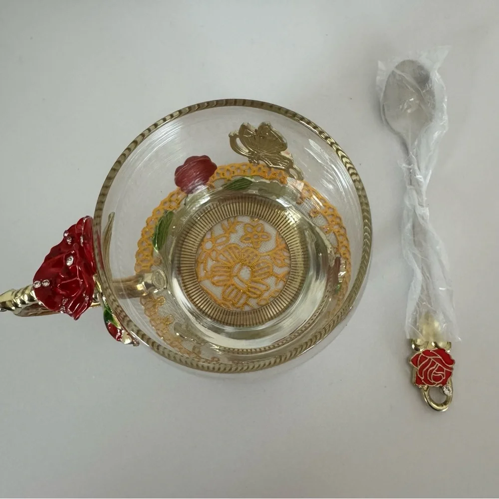 Rose and Butterly, Enamel, Glass Coffee/Tea Cup with Embellished Spoon